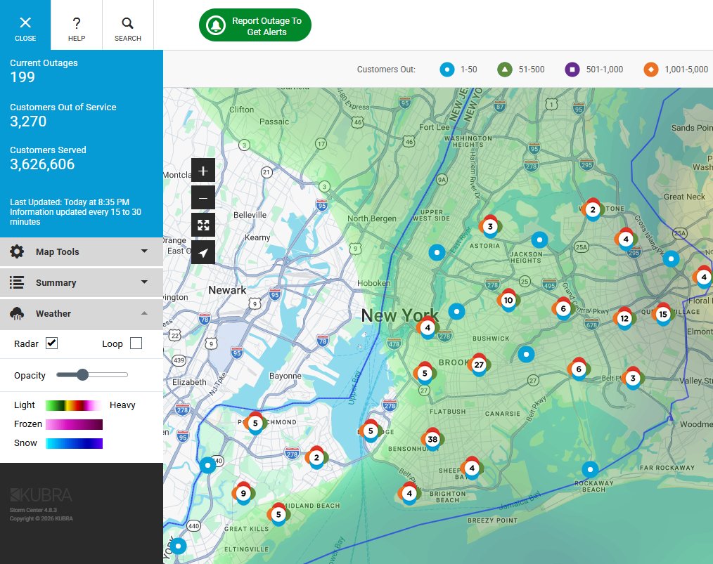 ConEd outage map showing 3,270 customers without power