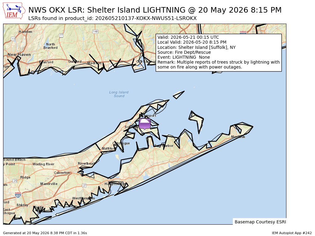 NWS report of lightning strikes and tree fires on Shelter Island