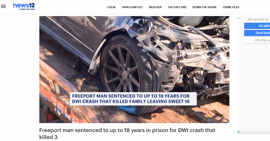 Freeport Man Gets Up to 18 Years for DWI Crash That Killed 3 Family Members Leaving Sweet 16