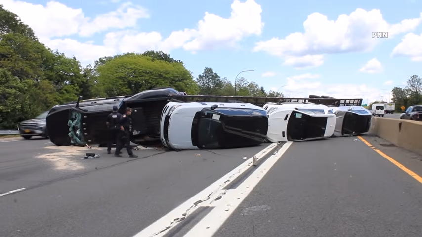 Car Hauler Rolls on LIE Near Route 135, Driver Escapes Through Windshield