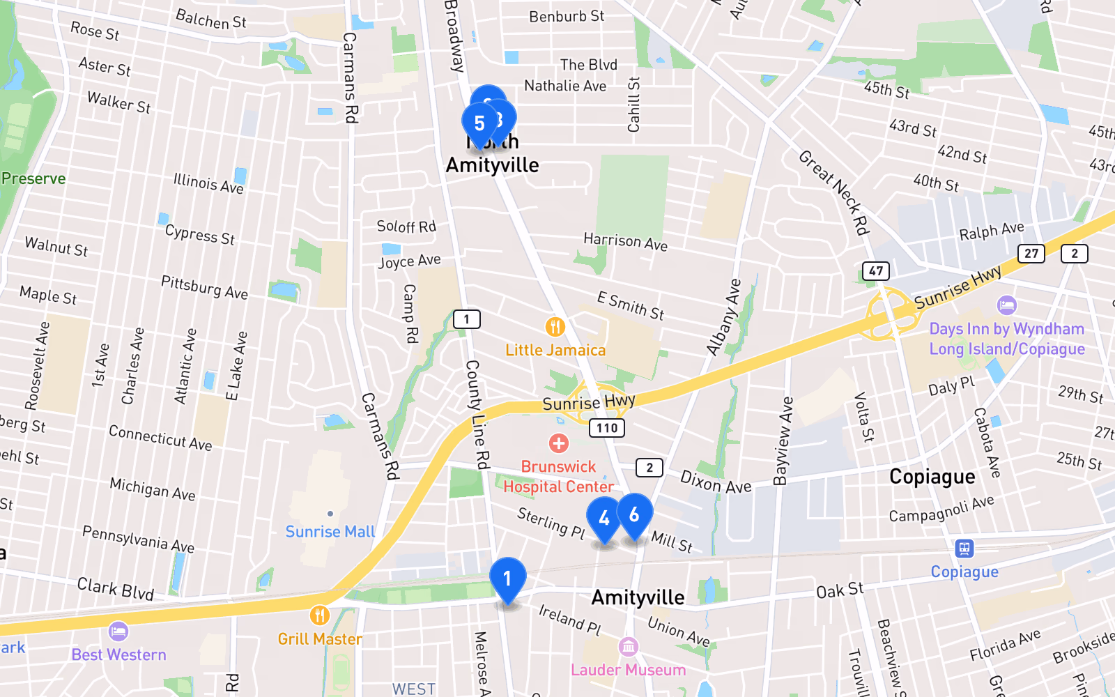Map of best tire shops in Amityville, NY