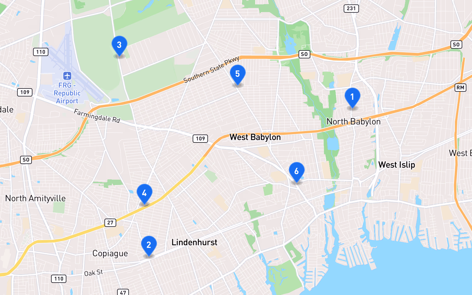 Map of best tire shops in Babylon, NY