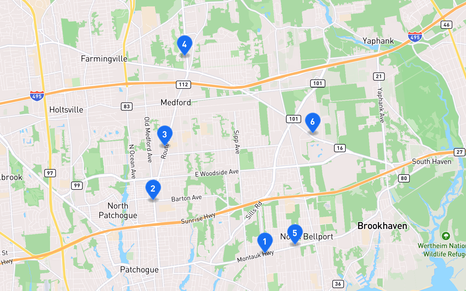 Map of best tire shops in Medford, NY